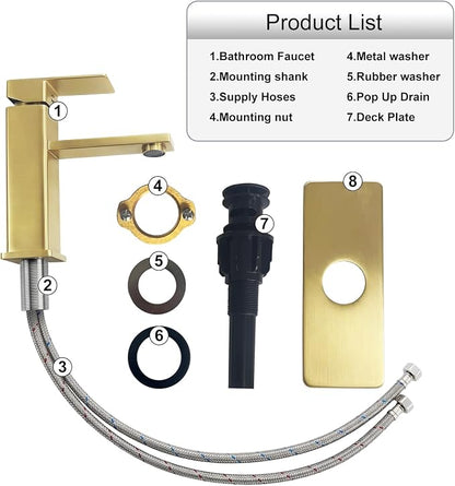 Brushed Gold Bathroom Faucet, Design with Pop-Up Drain | Single Handle Square Modern Stainless Steel, 1 or 3 Hole Installation for Farmhouse, Bathroom Sink, Vanity, Washbasin, RV