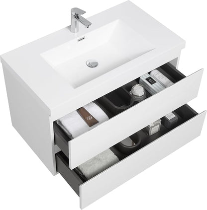 36 Inch Floating Bathroom Vanity with Sink, Large Storage Wall Mounted Floating Vanity with Soft Close Drawers, One-Piece Basin Bathroom Sink Cabinet (Glossy White, 36 Inch)