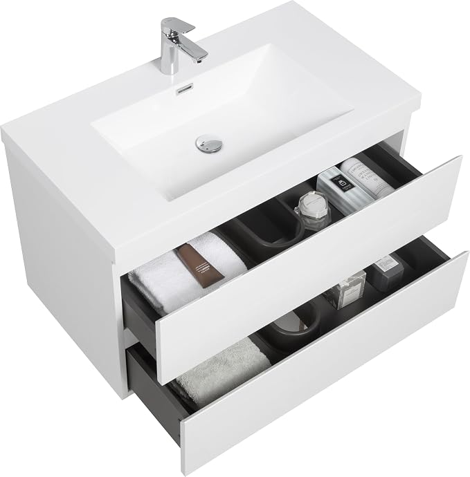 Modern 36" Floating Bathroom Vanity with Sink | Advanced Wall-Mounted Cabinet, Resin Top Basin, Soft Close Drawers | Easy to Install Glossy White