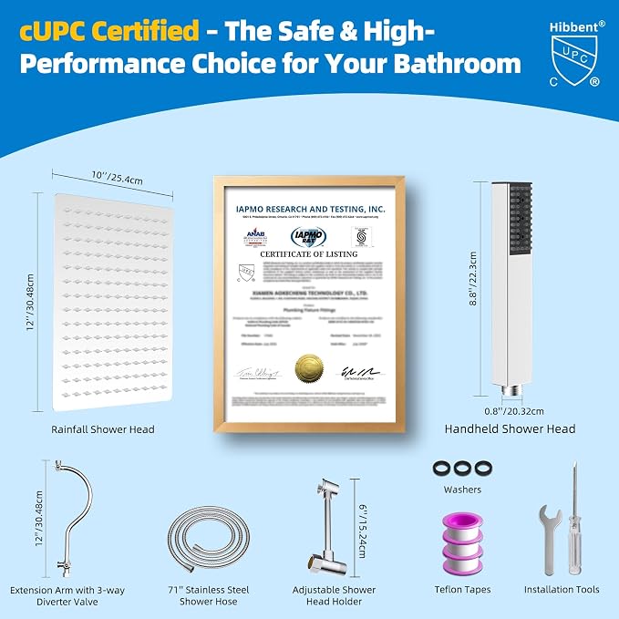 Hibbent All Metal cUPC Certified Shower Head, 12'' High Pressure Rainfall Shower Head, Showerhead Combo, Handheld Shower Wand, 12'' Adjustable Extension Arm, 4-Spray, 71'' Hose, Shower Holder, Chrome