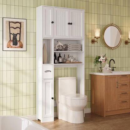Ahomly Over The Toilet Storage Cabinet, with Five Doors, White | Over Toilet Bathroom Organizer with Adjustable Shelves, Above Toilet Storage Cabinet for Bathroom, Restroom, Laundry
