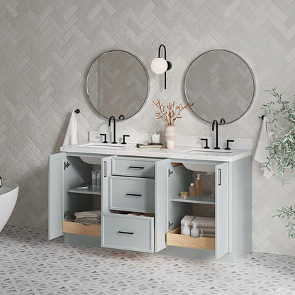 ARIEL Kelly 66-inch Bathroom Vanity with Sink,Solid Wood, 1.5-inch Carrara White Quartz Countertop & Backsplash, Double Rectangular Porcelain Sink, 4 Soft Closing Doors, 5 Dovetail Drawers, Grey