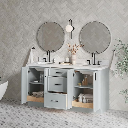 ARIEL Kelly 66-inch Bathroom Vanity with Sink,Solid Wood, 1.5-inch Carrara White Quartz Countertop & Backsplash, Double Rectangular Porcelain Sink, 4 Soft Closing Doors, 5 Dovetail Drawers, Grey