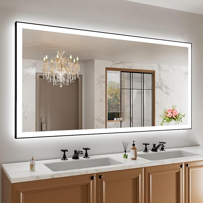 72"x32" LED Bathroom Mirror, Frontlit&Backlit, Controlled Separately | Black Metal Frame, Stepless Dimmable, Anti-Fog, HD Reflection, Shatter-Proof, 3 Colors Lighting, Memory, UL Listed
