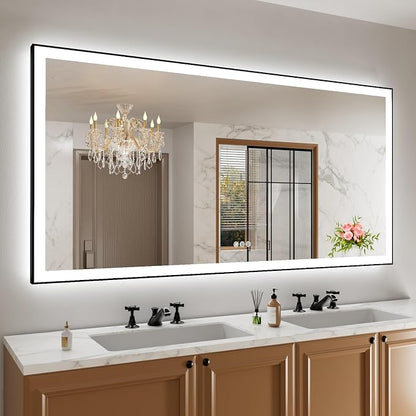 72"x32" LED Bathroom Mirror, Frontlit&Backlit, Controlled Separately | Black Metal Frame, Stepless Dimmable, Anti-Fog, HD Reflection, Shatter-Proof, 3 Colors Lighting, Memory, UL Listed