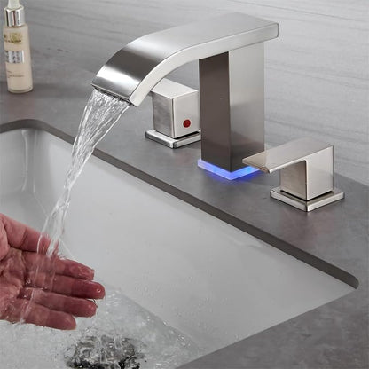 Bathroom faucets 3 Hole Brushed Nickel Vanity Faucet with led Waterfall Bathroom Faucet 3 Hole Sink Faucet Bathroom 8 inch Widespread Modern Parts Touch on 2 Handle(Brushed Nickel)