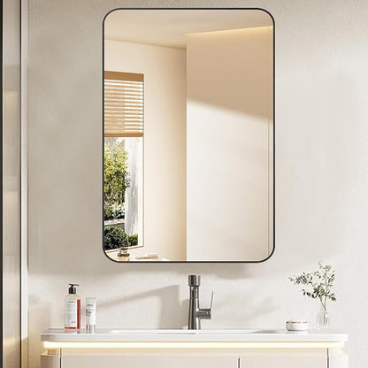 Medicine Cabinet with Mirror, 20x26 Inch Black Bathroom Mirrored Cabinet, Metal Framed Wall Cabinet with Mirror, Modern Surface Mount or Recessed Medicine Cabinet with Storage
