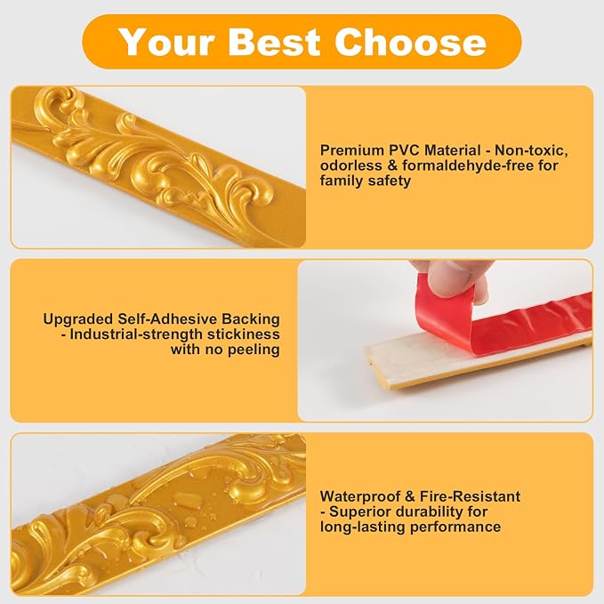 3 Pack 16.4FT Gold Peel and Stick Crown Molding Trim Kit – Self-Adhesive Decorative Trim for Mirror Borders, Doors & Cabinets