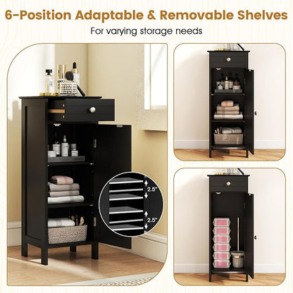 GIANTEX 34.5" Bathroom Cabinet with Drawer & Single Door (Black) | Narrow Side Storage Organizer with 6 Shelf Positions, Freestanding Floor Storage Cabinet for Bathroom, Living Room, Entryway