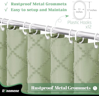Extra Long Boho Shower Curtain Tufted Geometric 72"x96" Sage Green | 96 Inch Tall, Elegant Tassel, Lightweight Textured Fabric, Water Repellent, Washable, Hotel Spa, for Bathroom/Dorm 12 Hooks