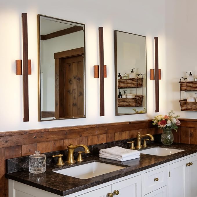 Modern Bathroom Light Fixtures Over Mirror, 32 Inch Brown Wood Finish Vanity Light Bar 26W Dimmable 5CCT LED Vanity Lights for Bathroom Wall Lighting Fixtures Over Mirror