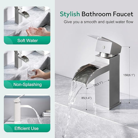 CREA Waterfall Bathroom Faucet 1 Hole Single Handle Brushed Nickel Bathroom Sink Faucet with Drain/ 3 Hole Deck Plate Stainless Steel Vanity Basin Mixer Tap(cUPC Hot Cold Water Supply Line)