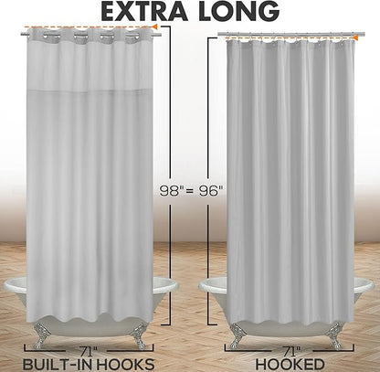 River Dream Extra Long No Hook Slub Textured Shower Curtain with Snap-in PEVA Liner Set - 71" x 98"(96"), Hotel Style with See Through Top Window, Grey Fabric Curtain & Waterproof Liner, Gray, 71x98