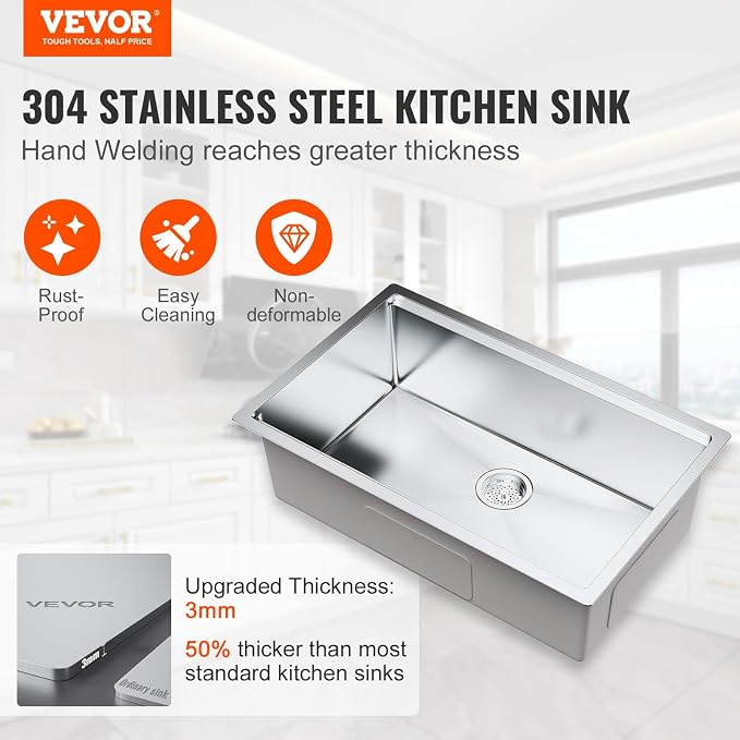 VEVOR 30 inch Kitchen Single Sink, 304 Stainless Steel Undermount Sink Drop-In Single Bowl Farmhouse Basin with Ledge & Multiple Accessories, Household Dishwasher Sinks for Prep Kitchen, Bar 30"*19"