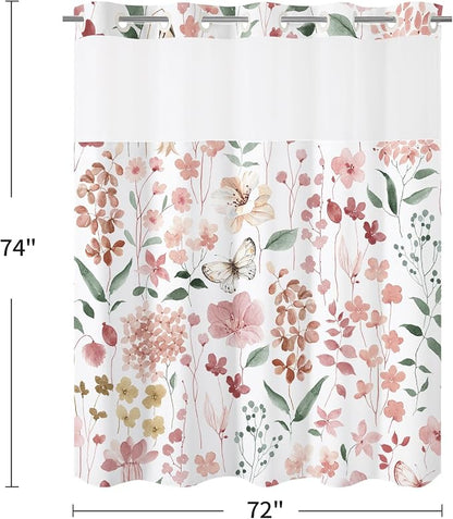 Litabel No Hook Pink Watercolor Floral Shower Curtain and Liner Set, 72x74 | Spring Flower Shower Curtains with Snap-in Liner for Farmhouse Bathroom Decor, Botanical Bathroom Curtain with Leaves
