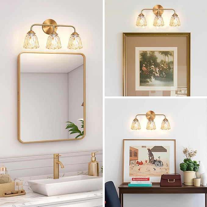 Vintage 3 Light Vanity Light, Gold Bathroom Vanity Light, Bathroom Light Fixtures with AmberGlass Shade, Antique Vanity Light Fixtures Over Mirror, Wall Sconce for Bedroom, Living Room