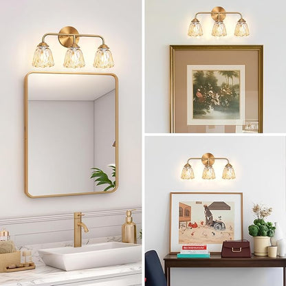 Vintage 3 Light Vanity Light, Gold Bathroom Vanity Light, Bathroom Light Fixtures with AmberGlass Shade, Antique Vanity Light Fixtures Over Mirror, Wall Sconce for Bedroom, Living Room