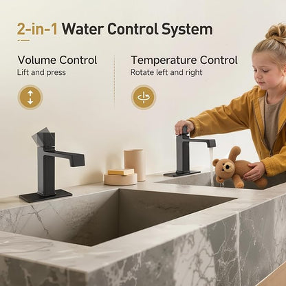 Modern Single Hole Bathroom Faucet | 7.4" Matte Black Luxury Single Handle Bathroom Faucet with Solid Brass Body, Spot-Free Finish & Anti-Splash | 1 or 3 Hole | Geometric Square Design