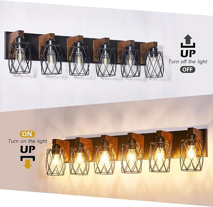 6-Light Farmhouse Vanity Light Fixtures Over Mirror, Black with Cage Metal Shade, Vintage Rustic for Bathroom, Hallway