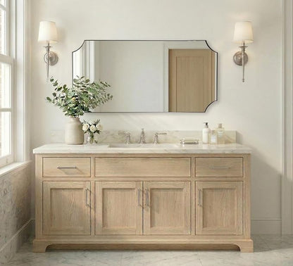 Scalloped 24"x48" Brushed Nickel Vanity Mirror | Rustproof Stainless Steel Frame 1" Deep, Unique Notched Corner Design, Horizontal & Vertical Mount, Modern Bath Wall Decor