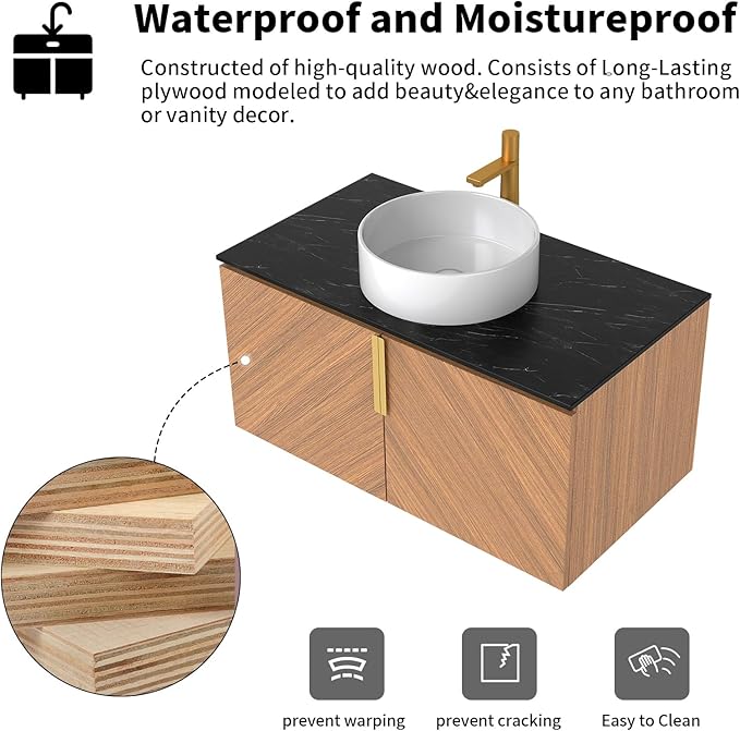 LKTART 36 Inch Bathroom Vanity with Sink, Modern Wall Mounted Bathroom Sink with 2 Doors, Black Sintered Stone Countertop and White Round Ceramic Basin
