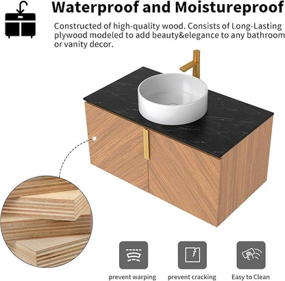 LKTART 36 Inch Bathroom Vanity with Sink, Modern Wall Mounted Bathroom Sink with 2 Doors, Black Sintered Stone Countertop and White Round Ceramic Basin