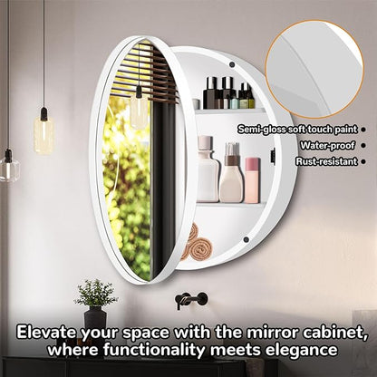 24 Inch Round Medicine Cabinet with Mirror, White Bathroom Medicine Cabinet for Wall Metal Framed, Surface Mount Only Circular Storage Cabinet with Vanity Mirror