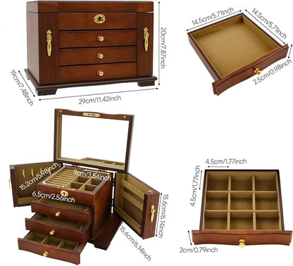 Large Wooden Jewelry Box with Mirror and Lock, 4 Layers Locking Jewelry Organizer, Watches Necklace Ring Storage Box for Women