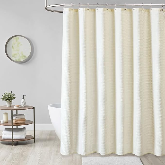 Waffle Shower Curtain 256 GSM Heavy Duty Fabric 72x72 Cream/Ivory | Thick Textured Cloth, Weighted Hem, Water Repellent Washable, Hotel Luxury Polyester Shower Curtain Set for Bathroom 12 Hooks