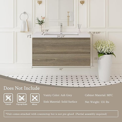 Floating Bathroom Vanity with Sink, 42" Wall-Mounted Bathroom Storage Vanity Cabinet with Resin Top Basin and Soft Close Drawers, No Assembly Required, Ash Grey