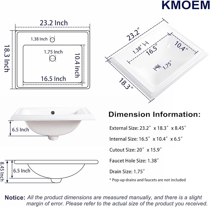 Semi Recessed Bathroom Sink 23"x18" Drop In Vessel Sink with Faucet Hole White Porcelain Ceramic Modern Rectangular Sinks Basin Vanity Sinks with Overflow for Bathrooms