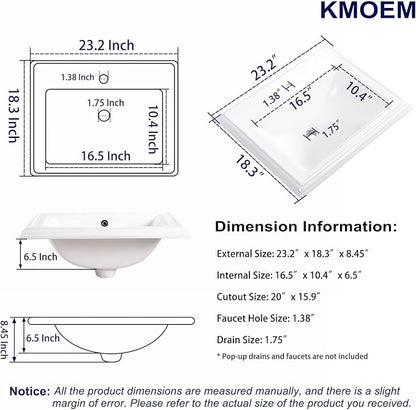 Semi Recessed Bathroom Sink 23"x18" Drop In Vessel Sink with Faucet Hole White Porcelain Ceramic Modern Rectangular Sinks Basin Vanity Sinks with Overflow for Bathrooms