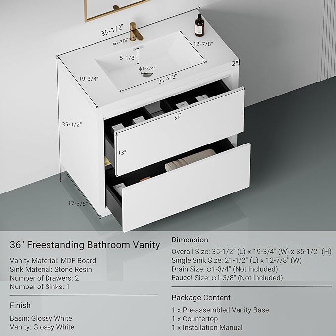 36 Inch Bathroom Vanity with Sink, Single Sink Bathroom Vanity, Freestanding Vanity Bathroom Soft Closed 2 Drawers, Integrated Sink (Glossy White)