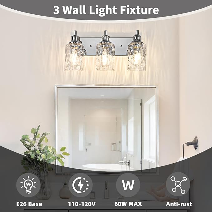 Bathroom Light Fixtures Over Mirror, 3 Lights Vanity Lights with Hammered Glass Shade, 17.8" Chrome Farmhouse Bathroom Light Fixtures for Bedroom, Porch, Hotel, Mirror Cabinet