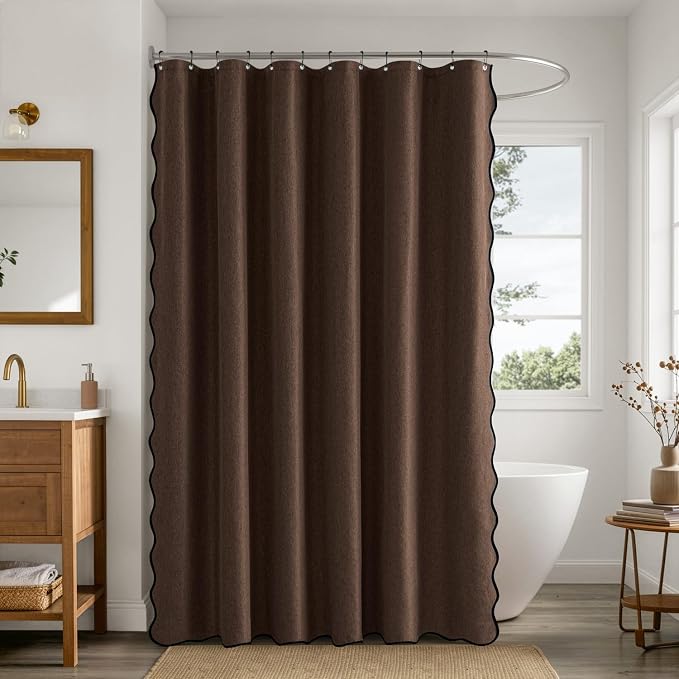 ANRODUO Brown Scalloped Linen Textured Shower Curtain, W72 x L84 | Boho Farmhouse Shower Curtain with 12 Metal Hooks, Machine Washable Waterproof Heavy Duty Fabric for Bathroom Bathtub