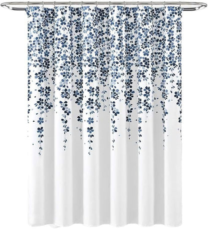 Lush Decor Weeping Flower Shower Curtain 72"W x 72"L White & Navy - Fabric Shower Curtains for Bathroom - Floral Bathroom Curtain - Cottage Core Decor
