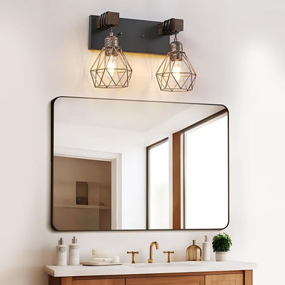 maesta Bathroom Vanity Light, 2 Light Farmhouse Fixture Over Mirror | Farmhouse Bathroom Light Fixtures, Wood & Metal, Black Gold, Anti-Rust Easy to Install for Rustic Bathroom Hallway