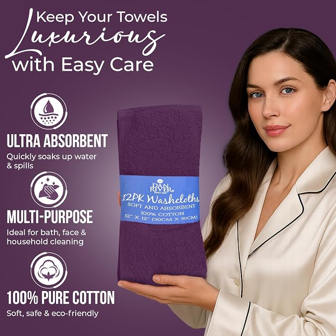 DAN RIVER 12 Pack Cotton Wash Cloths Set for Showering [12x12] Purple | Lighter Weight, Quick to Dry, Super Soft & Absorbent Face Towels, Hotel Quality, Perfect for Bathroom, Gym, Spa