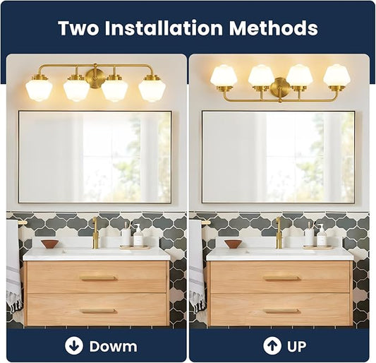 Bathroom Vanity Light Fixtures: 4 Lights Brushed Gold Vanity Lights for Bathroom, E26 60w Hardwired Wall Sconce Lighting with Frosted Milky Glass Over Mirror (Exclude Bulb)