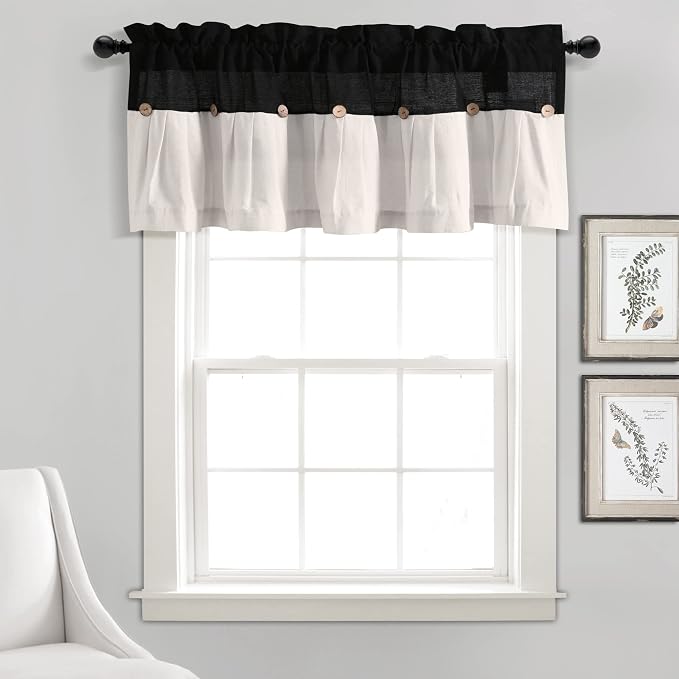 Lush Decor Linen Button Farmhouse Valance Curtians 52"W x 18"L Black & White - Linen Valances For Windows - Kitchen Curtains Valances