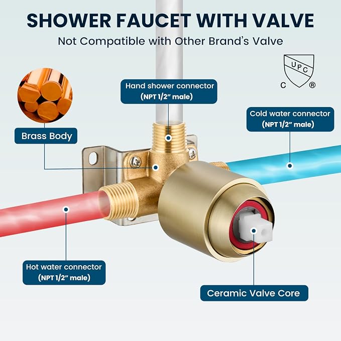 gotonovo Shower Faucet Set with Valve Kit 6 Mode Handheld Brushed Gold | Bathroom Shower Head and Handle Set,6 Modes ABS Handheld Spray,Pressure Balance Valve and Trim Kit Complete,Single-Handle