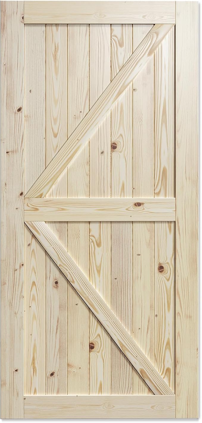 SmartStandard 40in x 84in Sliding Barn Wood Door, Natural, Fit 7FT Rail | Pre-Drilled Ready to Assemble, DIY Unfinished Solid Spruce Wood Panelled Slab, Interior Single Door Only, K-Frame