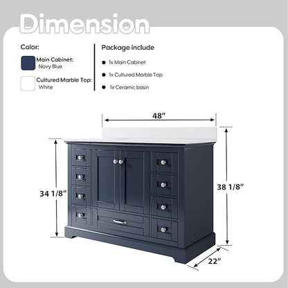 WELLFOR 48" Bathroom Vanity with Sink, Bathroom Freestanding Vanity W/ 2 Soft-Close Doors and 9 Soft-Close Drawers, Bathroom Cabinet Vanity with Cultured Marble Countertop (Navy Blue)