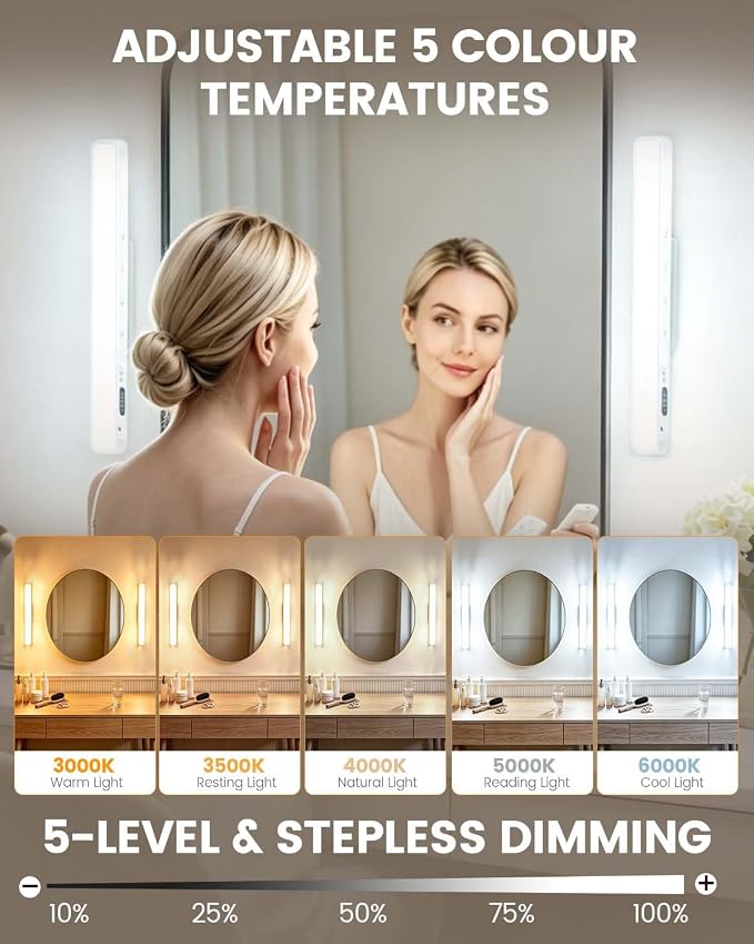 Wireless Vanity Lights for Mirror, Rechargeable Makeup Light Bar | 6W Magnetic Vanity Mirror Lights Stick On, 5 Color Temperatures & Dimmable, Remote & Touch Control, 2 Pack