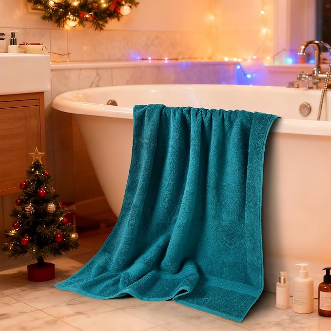 Cleanbear Soft Bath Towels Set of 2, Cotton, 55" x 27" Lavender & Turquoise | Thick & Highly Absorbent Shower Towels for Body Drying, Bathroom, Guest Bathroom, Gym, Pool