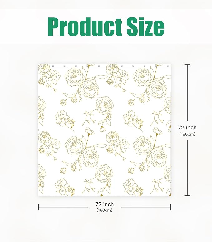 Shower Curtain for Bathroom Stall Boho Modern Cute Aesthetic Decorative Girly Waterproof Unique White and Gold Rose Girls Flower Design Teen Pretty Women Cortinas de Baño Bathtub 72 x72 Inch
