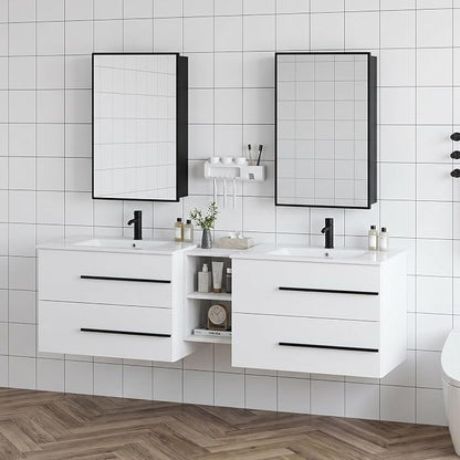 72 Inch Floating Double Sink Bathroom Vanity, Modern Bathroom Vanity with Double Sink, Wall Mounted Bathroom Vanity Cabinet with Large Storage Drawers,Open Storage Shelf, White