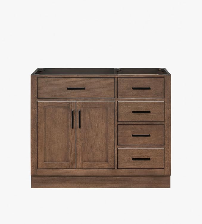 ARIEL Hepburn 42-inch Bathroom Vanity Base Cabinet,Solid Wood, 2 Soft Closing Doors, 5 Dovetail Drawers, Brown Oak