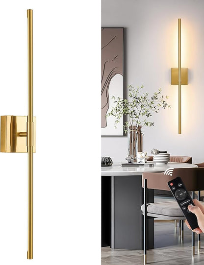 Gold Battery Operated Wall Sconce Single, Rechargeable Wall Sconce with Remote, Dimmable Sconce Wall Light, 24 Inch LED Wireless Wall Light for Background Wall, Bedroom,Living Room