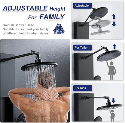 ROVATE Shower Panel Tower System with Shelf & 6 Body Jets, Matte Black | Stainless Steel Shower Column with Height Adjustable Shower Arm, Self-Cleaning Rainfall Shower & Handheld, Mixing Valve Body